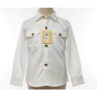 Pure white cotton long-sleeve collared shirt with gold-toned buttons on mannequin