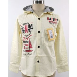 Light cream full sleeve hooded shirt with graphic text and red sailboat print.