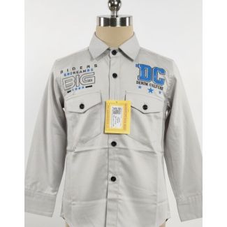 Pale grey cotton full sleeve shirt with blue and black graphic prints on chest.