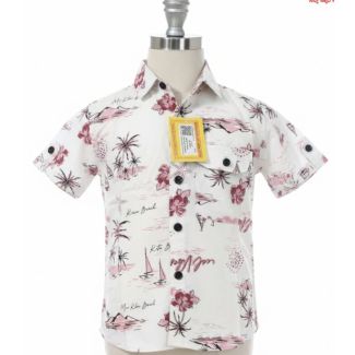 White shirt with a tropical print of flowers, palm trees, and coastal elements, featuring short sleeves and a collar.