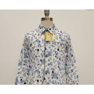 White cotton shirt with blue abstract shapes, full sleeves, collared neck