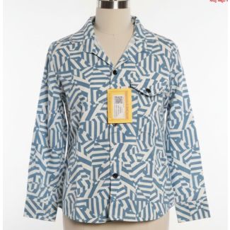 Blue and white geometric patterned long sleeve button-up shirt on a mannequin.