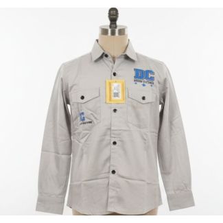 Light grey button-down shirt with long sleeves, black buttons, two pockets, and embroidered graphics.