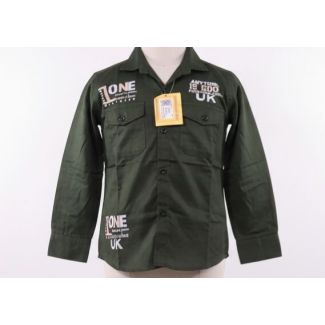 Olive green cotton shirt with white graphic prints, collared neckline, and long sleeves.