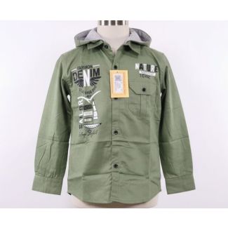 Olive green children's long-sleeve button-up shirt with black graphics and a grey hood.