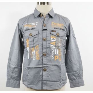 Gray cotton long-sleeved shirt with printed design, buttons, and a collared neckline, displayed on a mannequin.