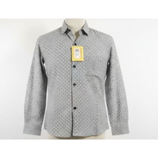 Gray men's button-down shirt with a geometric pattern, long sleeves and a collar.