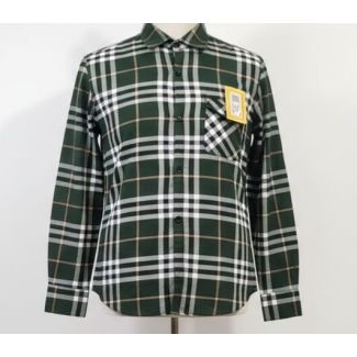 Green cotton long sleeve shirt with plaid pattern and chest pocket