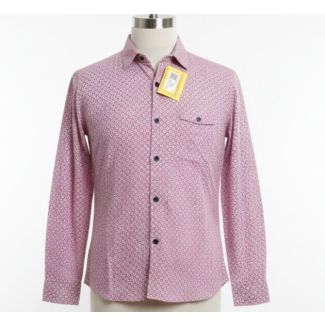 Pink patterned cotton shirt with long sleeves and dark buttons on a mannequin.
