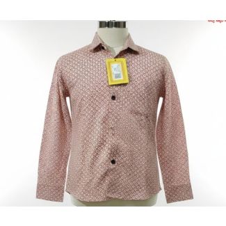 Men's reddish-brown cotton shirt with all-over small circular print on a mannequin.