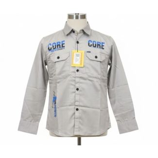 Light gray cotton shirt with long sleeves, buttoned cuffs, chest pockets and CORE graphic print.