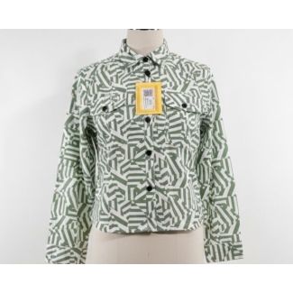 Cropped cotton button-up shirt with green and white abstract geometric print.