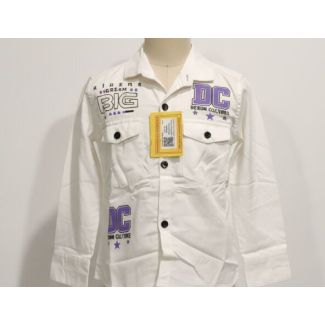 White cotton shirt with purple graphic prints and long sleeves