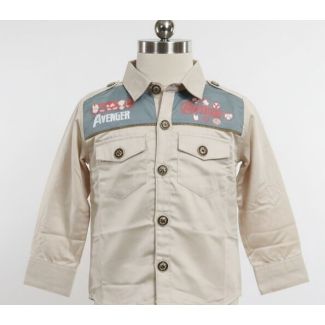 Beige cotton long-sleeve shirt with grey shoulder accents and 'Avenger' graphics