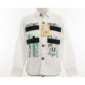 White cotton shirt with black and teal graphic typography prints and full sleeves.