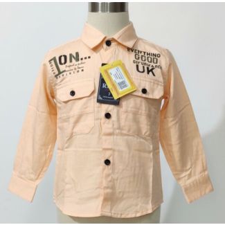 Peach cotton shirt for boys with long sleeves, chest pockets, and black buttons