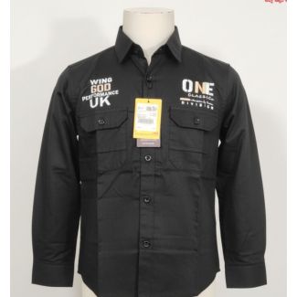 Black cotton shirt with long sleeves, two pockets, and a collared neckline.