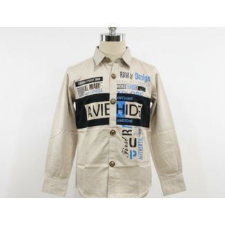 Beige cotton shirt with graphic print, long sleeves, and collared neckline