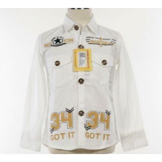 White cotton shirt on mannequin with gold number graphics and black patches
