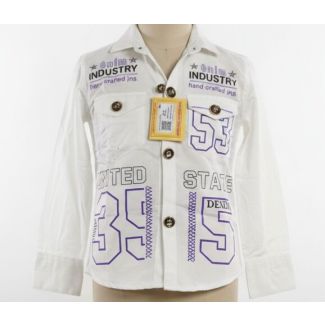 White long-sleeve shirt with purple outline numbers and text patches