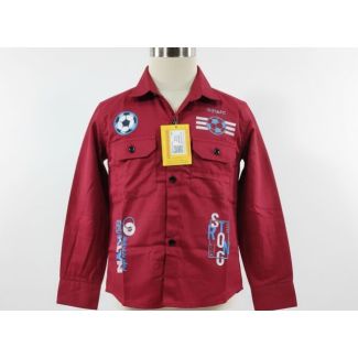 Maroon cotton long sleeve boys shirt with soccer ball and text graphic prints.