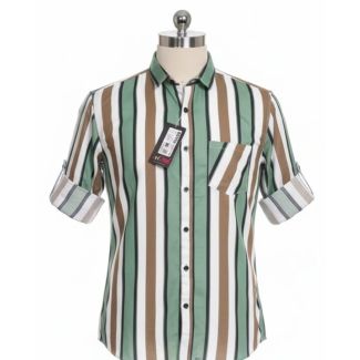 Mannequin wearing a green, brown, black, and white striped short-sleeved button-down shirt.