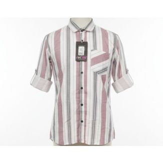 White cotton shirt with muted red and grey vertical stripes, roll-up sleeves