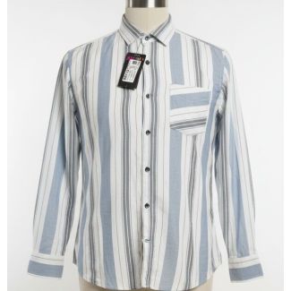 Men's long sleeve collared shirt with light blue, gray, and white vertical stripes