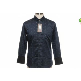 Navy blue men's shirt with dotted print, long sleeves and black cuffs.