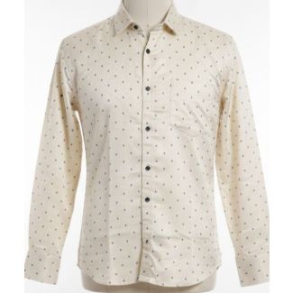 Cream cotton full sleeve shirt with navy diamond dot pattern and collared neckline