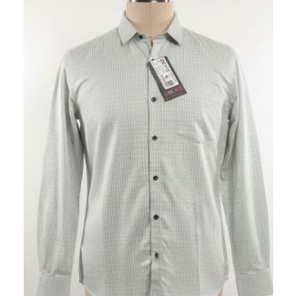 Light gray men's formal button-down shirt with a subtle grid pattern on a mannequin.