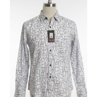 White cotton button-up shirt with gray stone-like pattern