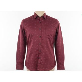 Maroon cotton shirt with dotted pattern, long sleeves and point collar