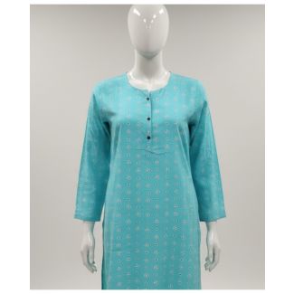 Aqua blue printed cotton kurti 3/4 sleeve A-line India