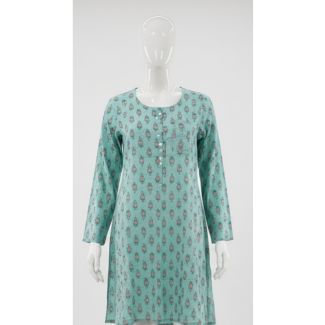 Aqua green printed cotton kurti with full sleeves displayed on a mannequin in India