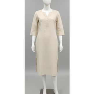 Beige cotton kurti with 3/4 sleeves and vertical detailing - Gangavathi Exports