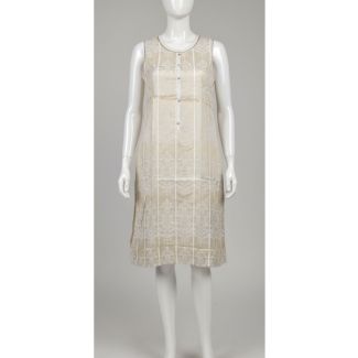 Beige sleeveless knee length kurti with white geometric print on mannequin India