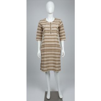 Beige and brown striped cotton kurti 3/4 sleeve knee-length - Gangavathi Exports