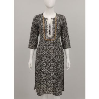 Black and white floral cotton kurti 3/4 sleeve A-line - Gangavathi Exports