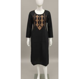 Black cotton kurti with geometric embroidery and 3/4 sleeves