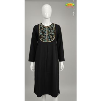 Black solid knee-length kurti featuring a contrasting U-shaped yoke with blue floral print on a mannequin