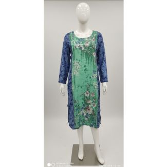 Knee-length straight cut kurti featuring a green floral center panel and blue patterned full sleeves