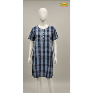 Blue and navy plaid woven knee length nighty with short sleeves on a mannequin