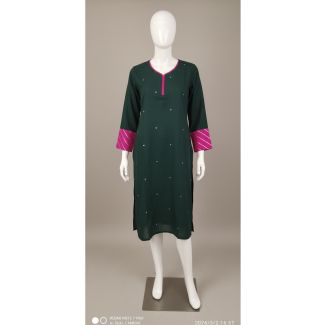 Bottle green embroidered kurti 3/4 sleeve A-line India