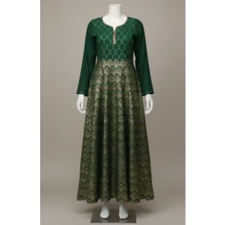 Bottle green floral jacquard Anarkali kurti full sleeve India