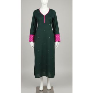 Bottle green solid rayon kurti with pink trim and full sleeve India
