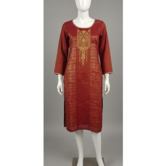 Brick red embroidered cotton kurti 3/4 sleeve A-line - Gangavathi Exports
