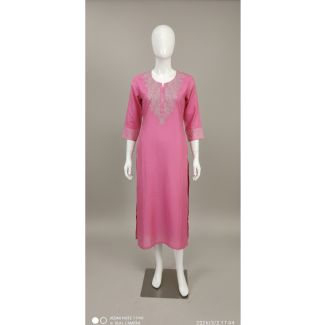 Bright pink straight cut kurti with silver embroidery on the yoke displayed on a white mannequin in India