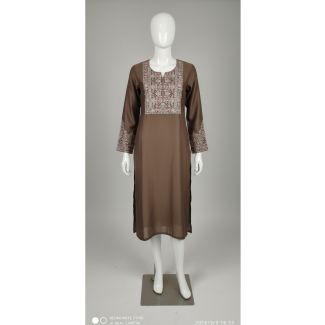 Brown embroidered cotton kurti with full sleeves on a mannequin