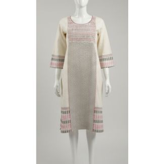 Cream printed cotton kurti 3/4 sleeve A-line India office wear